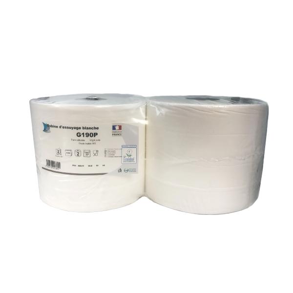 Lot De 2 Bobilles D’essuyage 2 Plis – 150 Formats 25 X 19,5 Cm – Blanc, Ouate Gaufrée, Longueur 37,5 M – Pour Cuisine, Atelier, Nettoyage