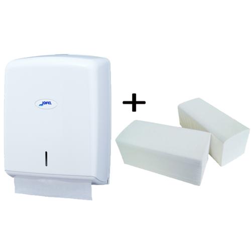 Distributeur de serviettes papier Zig-Zag Blanc + carton de 20 Paquets d'essuie-mains pliés V+ chèque cadeau de 10€ offert 