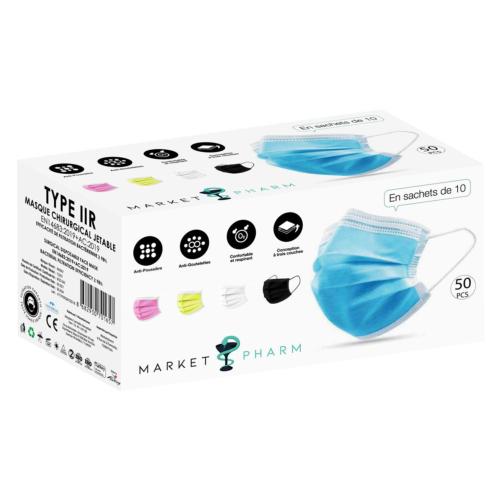 Boite de 50 Masques adultes chirurgicaux type IIR multicolores